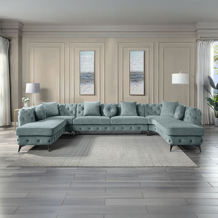 Zerah - Sectional Sofa With 7 Pillows - Dusty Blue Fabric