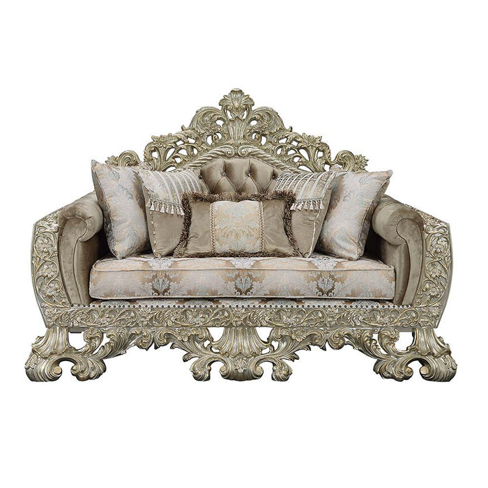 Sorina - Loveseat With 5 Pillows - Velvet, Fabric & Antique Gold