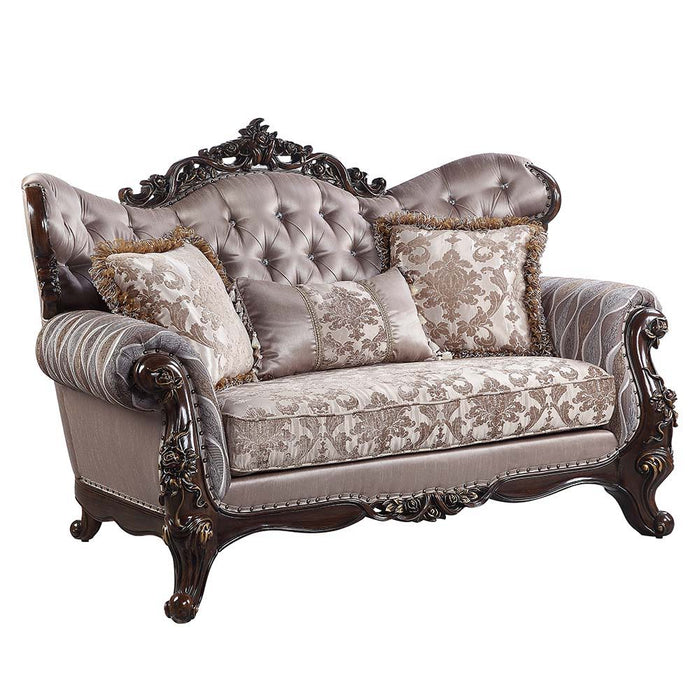 Benbek - Loveseat With 3 Pillows - Fabric & Antique Oak