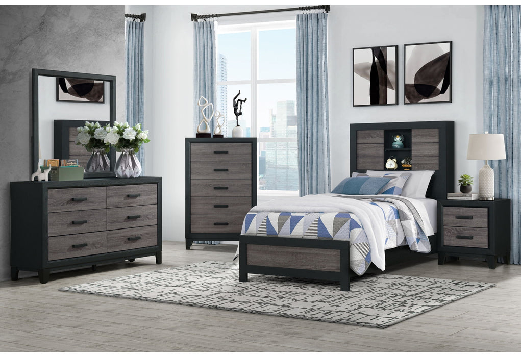 Lisbon - 5 Piece Twin Bedroom Set (Bookcase Twin Bed) - Black / Gray
