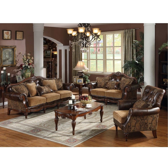 Dreena - Loveseat With 3 Pillows - Two Tone Brown Synthetic Leather & Chenille Cherry