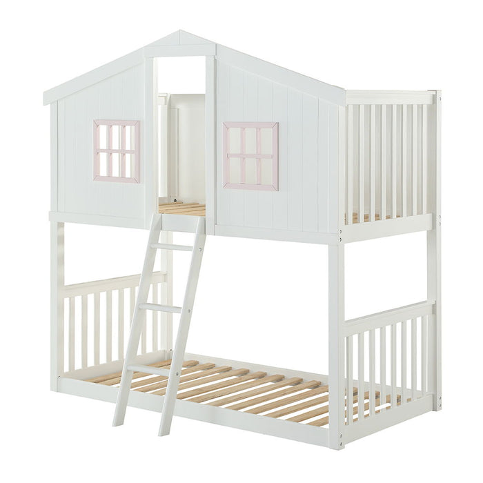 Rohan Cottage - Twin Over Twin Bunk Bed - White & Pink