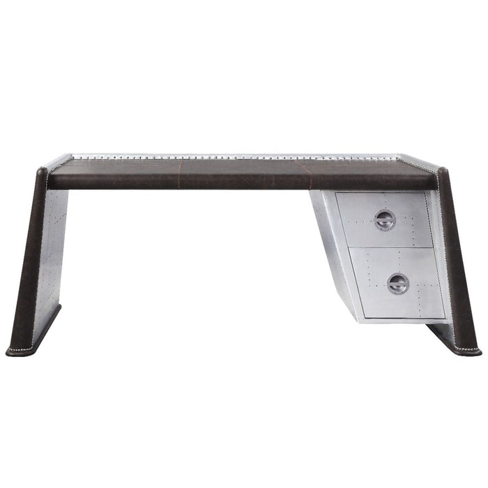 Brancaster - Executive Writing Desk - Distress Chocolate Top Grain Leather & Aluminum