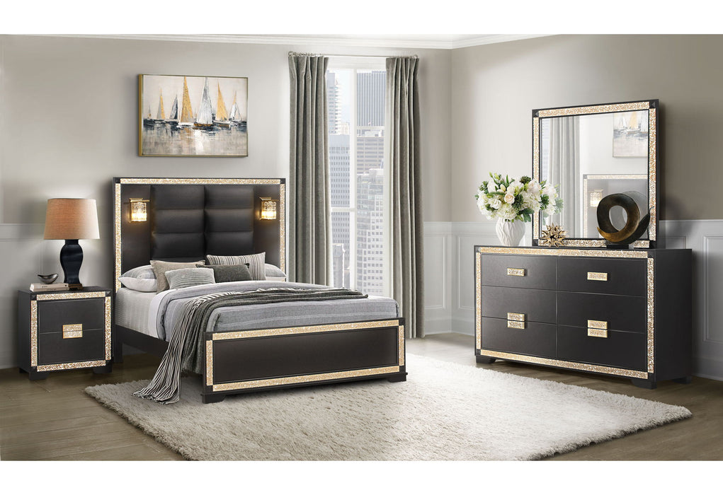 Blake - 6 Piece King Bedroom Set (Bed, Dresser, Mirror, 2 Nightstands, Chest) - Black / Gold