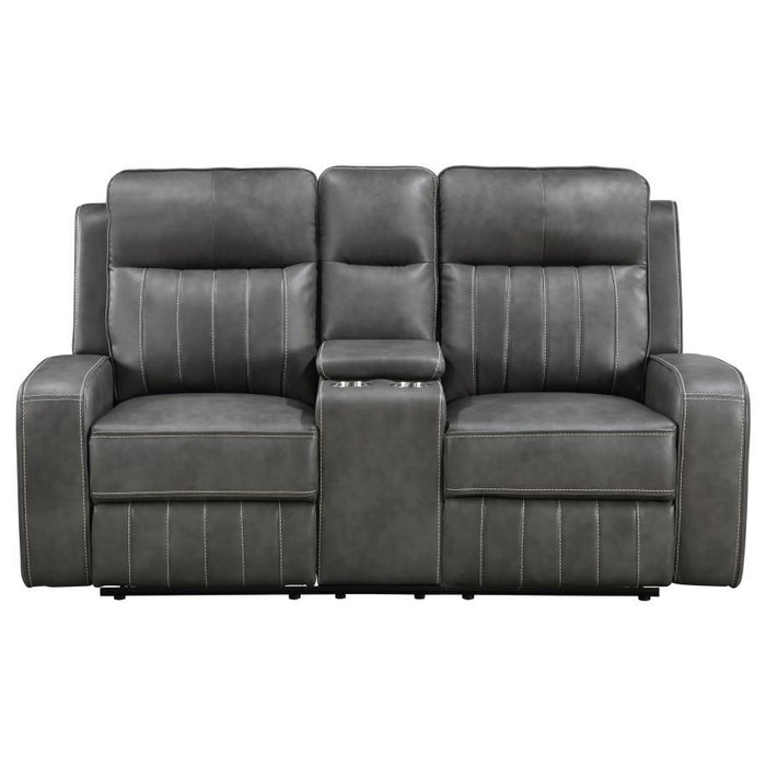 Raelynn - Upholstered Track Arm Motion Loveseat - Gray