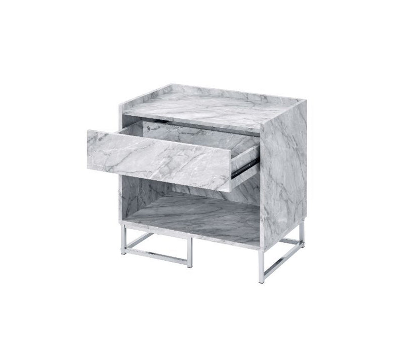 Azrael - Accent Table - White Printed Faux Marble & Chrome