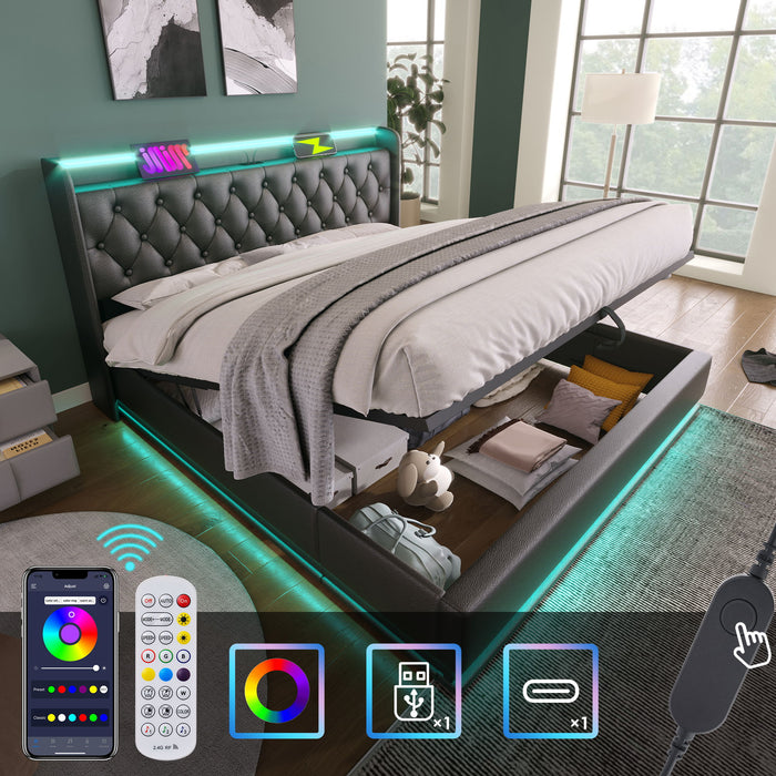 Upholstered Bed with LED, Remote Control, Hydraulic Storage, and USB Charging - Thumbnail 4