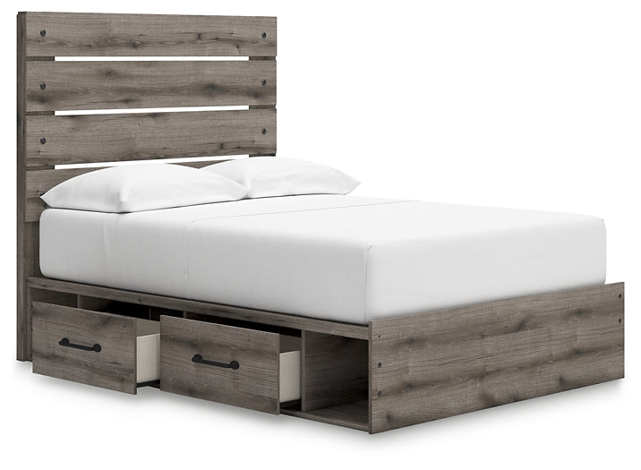 Graystorm Full Panel Bed with Storage with Mirrored Dresser and Nightstand
