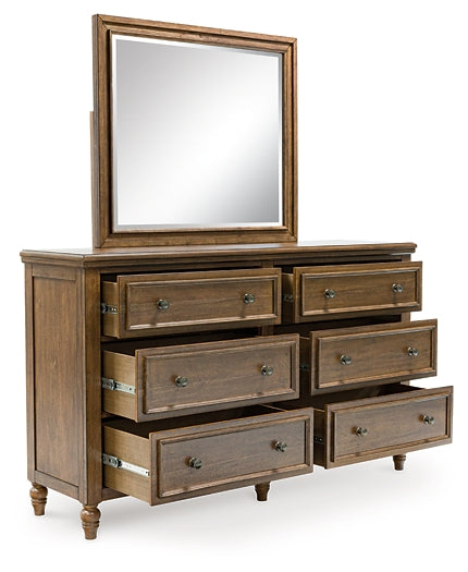 Sturlayne Queen Upholstered Panel Bed with Mirrored Dresser, Chest and Nightstand