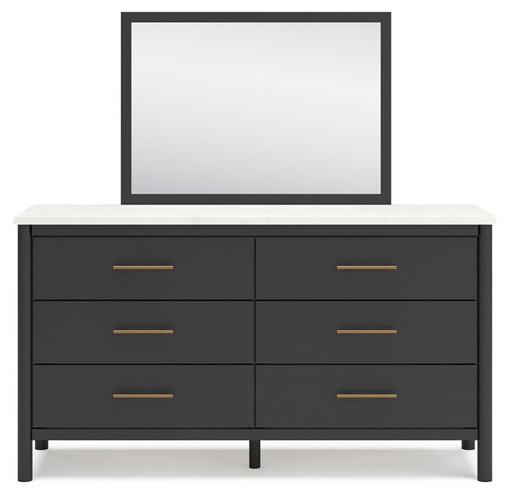 Cadmori King Upholstered Panel Bed, Dresser and Mirror