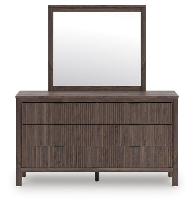 Pamytta King Upholstered Panel Platform Bed, Dresser and Mirror